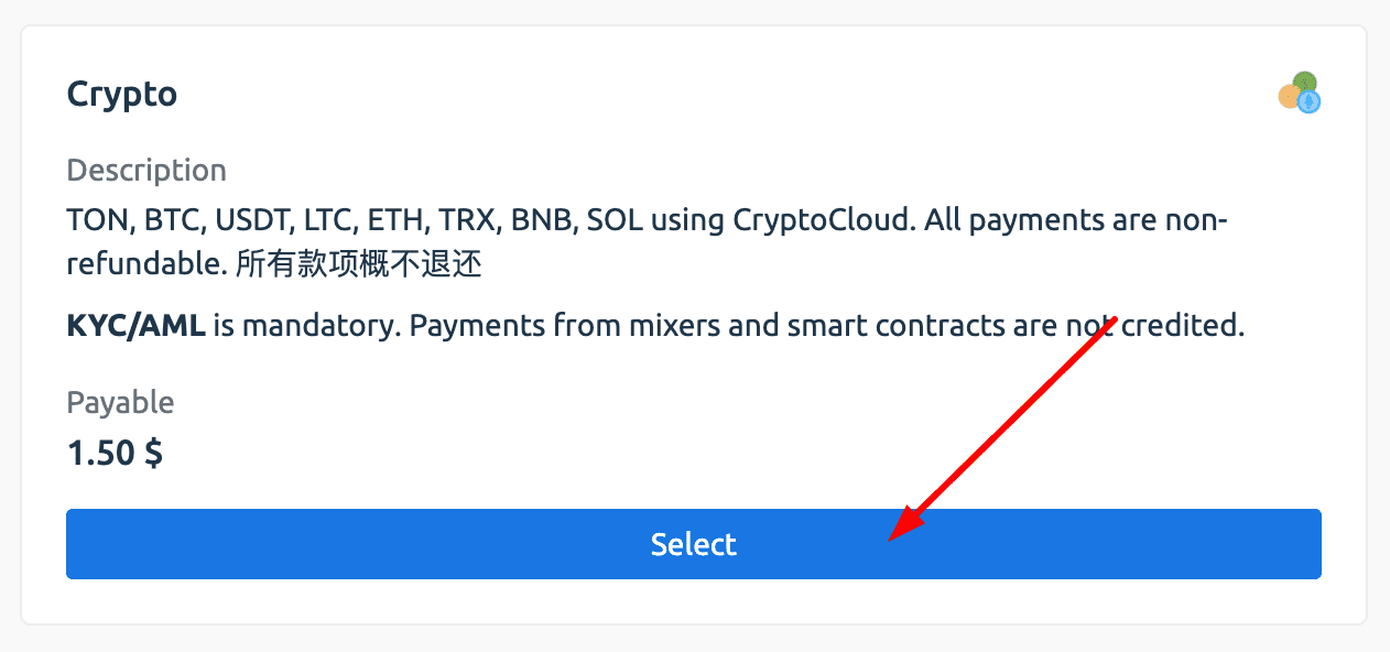 You can pay for VPS with TON, BTC, USDT, LTC, ETH, TRX, BNB, or SOL.