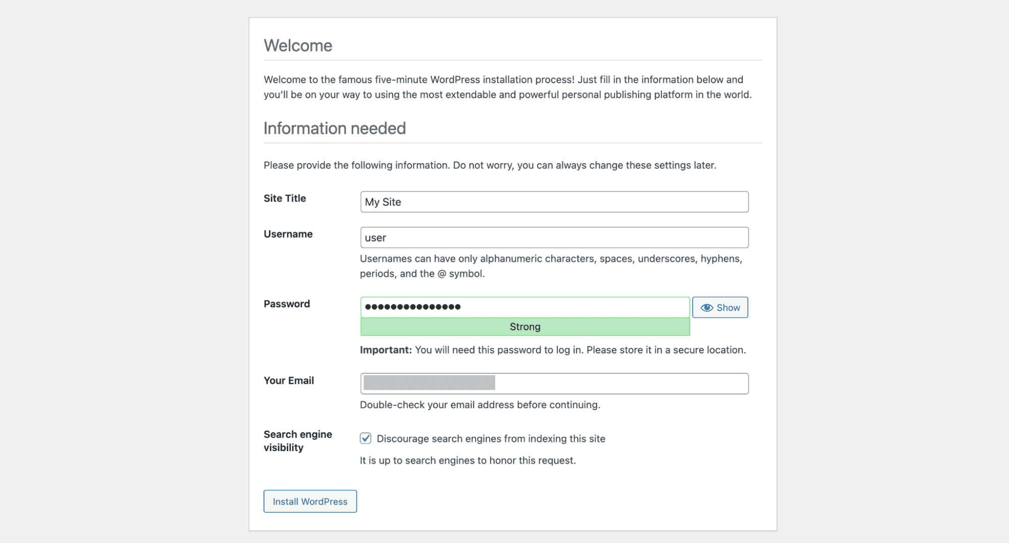 Provide your site title, admin username, password, and email.